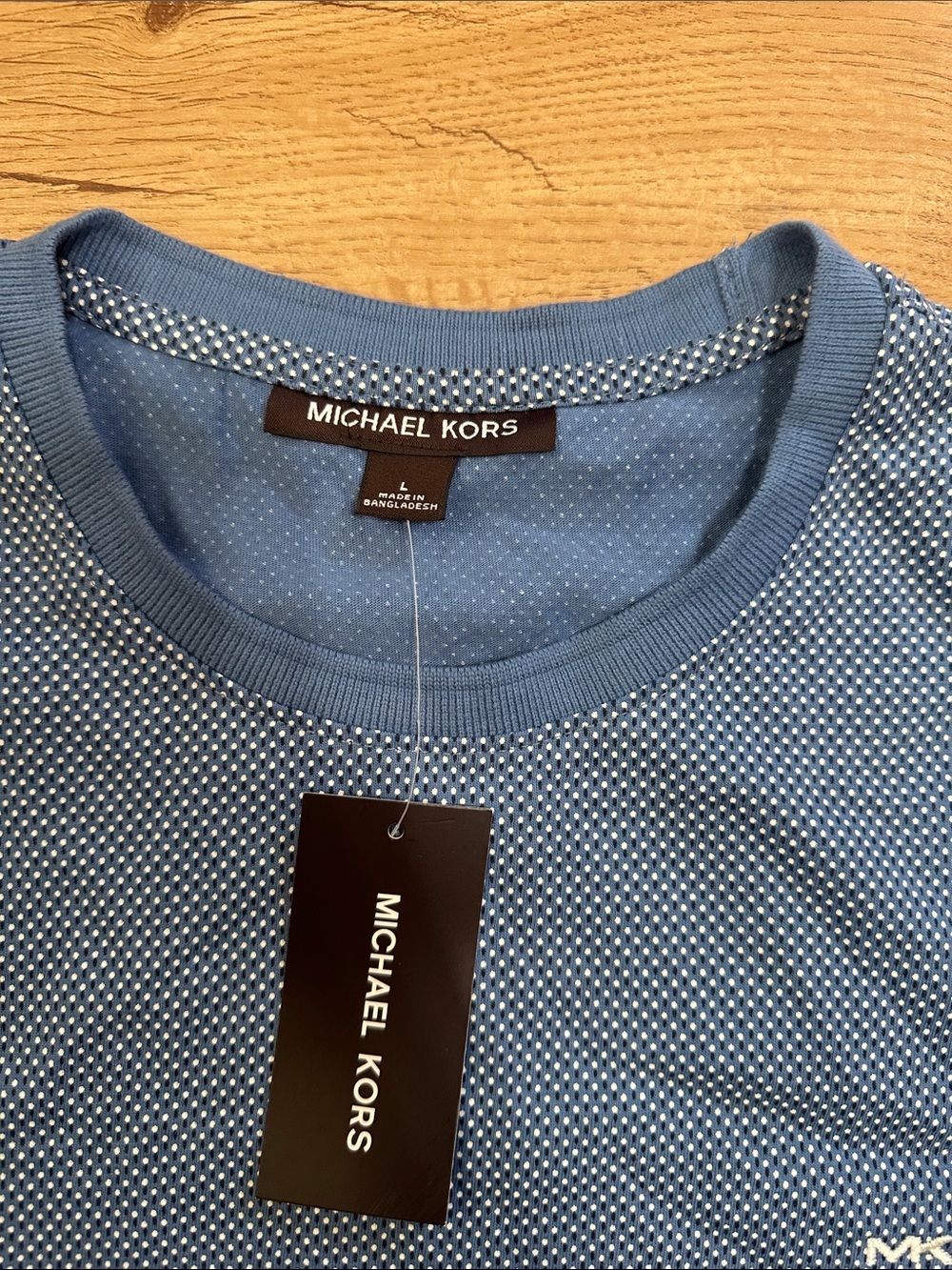 Michael Kors Short-Sleeve Microdot Crew Neck Tee in Light Blue - Picture 2 of 6